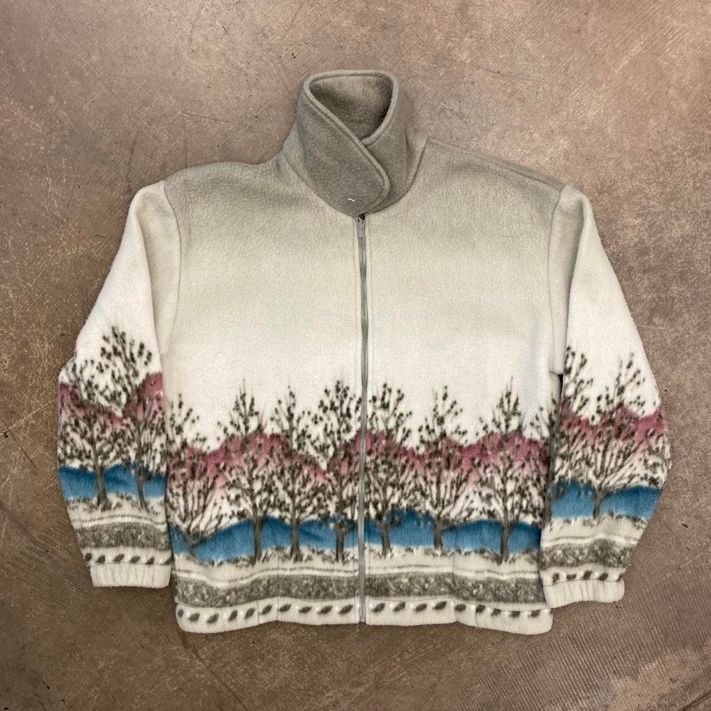 Vintage Teddi Full Zip Trees Nature Outdoors Winter Fleece 90s AOP Wrap Around L